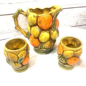 Inarco Orange Spice Pitcher & Small Juice Cups Mid Century Boho 3 Piece Set
